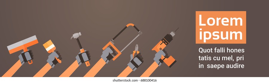 Hands Holding Tools Repair And Construction Working Equipment Over Copy Space Flat Vector Illustration