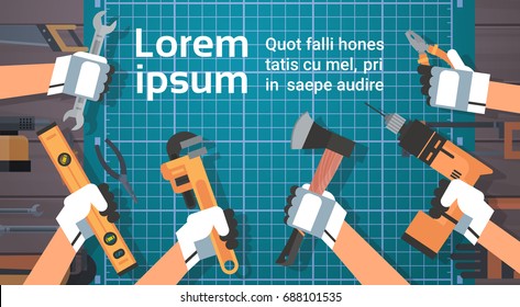 Hands Holding Tools Repair And Construction Working Equipment Over Copy Space Flat Vector Illustration