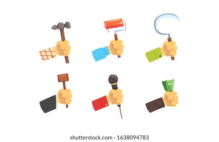 Hands Holding Tools Set, Male Hand with Symbols of Different Professions Vector Illustration