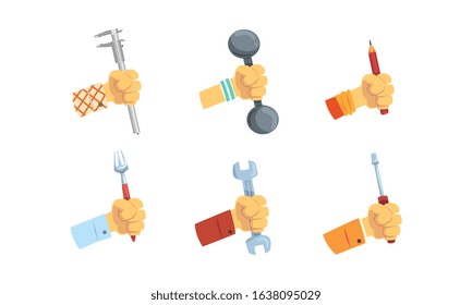 Hands Holding Tools Set, Male Hand with Symbols of Different Professions and Hobbies Vector Illustration