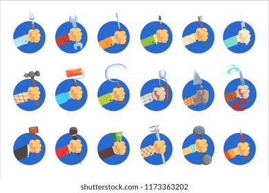 Hands holding tools set, mans hand with the symbol of the profession, jobs avatar vector Illustrations