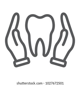 Hands holding tooth line icon, stomatology and dental, dental care sign vector graphics, a linear pattern on a white background, eps 10.