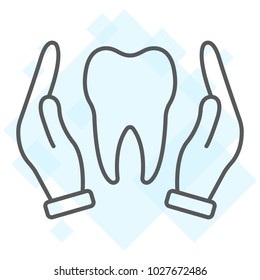 Hands holding tooth thin line icon, stomatology and dental, dental care sign vector graphics, a linear pattern on a white background, eps 10.