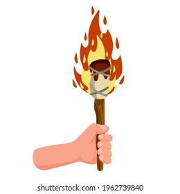 Hände, die eine Fackel halten. Urbrand. Flammen auf Stock. Flaches Cartoon-Illustration