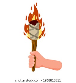 Hände, die eine Fackel halten. Urbrand. Flammen auf Stock. Flaches Cartoon-Illustration