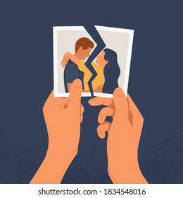 Hands holding a torn photo of a couple in love. The concept of divorce, separation and broken heart or reconciliation. Flat vector illustration of a relationship crisis on a blue background.