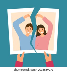 Hands holding a torn photo of loving couple in flat design. Broken heart concept. Love hurts. Breakup lover or divorced marriage.