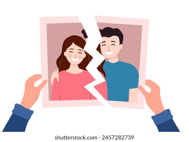Hands holding a torn photo of loving couple in flat design. Broken heart concept. Love hurts. Breakup lover or divorced marriage.