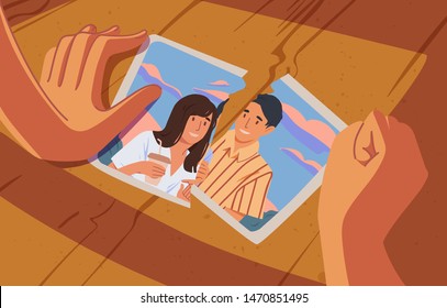 Hands Holding Torn Photograph With Cute Smiling Married Couple, Portrait Of Happy Spouses Or Picture With Family Memories. Concept Of Breakup Or Divorce. Flat Cartoon Colorful Vector Illustration.