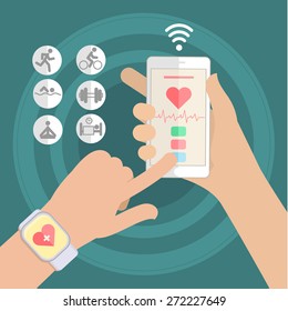Hands Holding Touch Phone And Smart Watch With Mobile App Health Sensor. Flat Design Vector Illustration