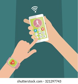 Hands holding touch phone and smart watch with mobile app health sensor. Flat design vector illustration