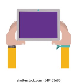 hands holding a touch tablet with bracelet