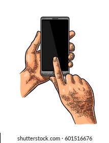 Hands holding and touching a large mobile phone. Vintage drawn color vector engraving illustration for info graphic, poster, web. Isolated on white background