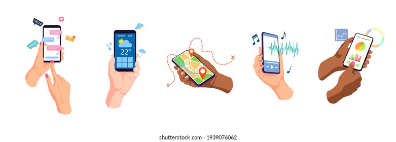 Hands holding, touching mobile phones displays, using apps online set. Chat, weather, navigation, music player, business telephone internet apps. Flat vector illustration. Digital concept