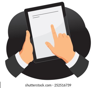 Hands holding and touching screen on tablet pc