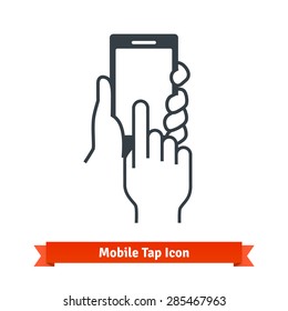 Hands Holding, Touching, Tapping Or Scrolling Black Phone Blank Screen. Vector Icon.