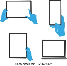 Hands holding touchscreen devices isolated on white background