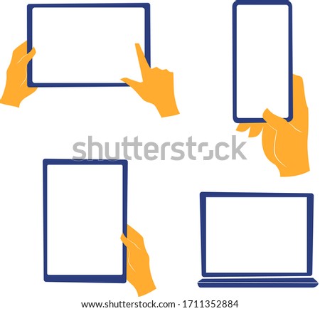 Hands holding touchscreen devices isolated on white background