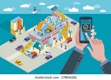 Hands holding touchscreen smart phone. Mobile applications for booking and buying. Behind a shopping center in isometric perspective and people buying.

