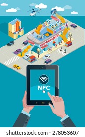 Hands holding touchscreen smart phone. Mobile applications and NFC icon. In the background a Shopping Center in Isometric view with people shopping.