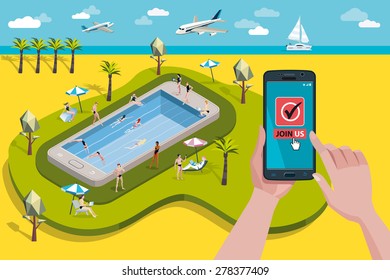 Hands holding touchscreen smart phone and tablet. Mobile applications for booking. 
At the background, a paradise Swimming pool in a giant smart phone with men and women enjoying their vacations. 