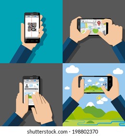 Hands holding touchscreen smartphones with applications on screens. Qr-code, map, chatt, message, camera. Vector illustration.