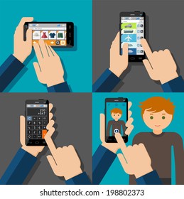 Hands holding touchscreen smartphones with applications on screens. E-commerce, booking, calculator, camera. Vector illustration.