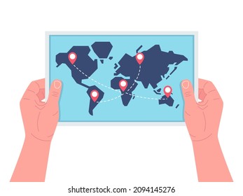 Hands holding a tourist map of the world. Vector illustration.