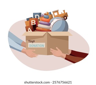 Hands holding a toys in box on white background. . Children donatation