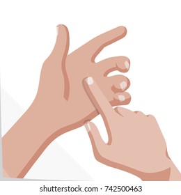 Hands Holding Transparent Object Similar to Smartphone or Mobile Phone and Touching or Pointing at It - Blue Grey Orange and Skin Color on Turquoise Polygonal Background - Vector Flat Graphic Design