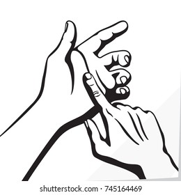 Hands Holding Transparent Object Similar to Smartphone or Mobile Phone and Touching or Pointing at It Contrast Graphic Illustration - Black on White Paper Effect Background - Vector Woodcut Design
