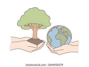 Hände, die einen Baum und die Erde halten und so die Pflege der Umwelt für künftige Generationen symbolisieren. Handgezeichnete Vektordesign-Illustrationen.