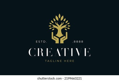 Hands Holding Tree Logo Design. Growth Illustration Concept. Environment Friendly Icon Symbol Template