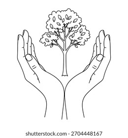 Manos sosteniendo el árbol | Protección de la Naturaleza Medio Ambiente Cuidado Línea de Crecimiento Arte Ilustración vectorial