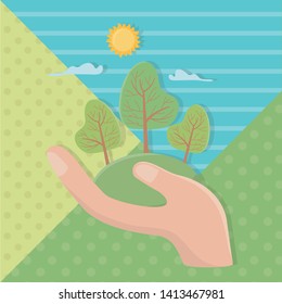 Hands holding trees design vector illustration