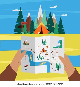 Manos sosteniendo el mapa de trekking y camping. Ilustración vectorial plana. Paisaje con tienda, bosque, montañas, río