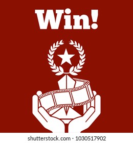 hands holding trophy award star win strip film red background