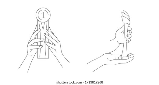 Hands Holding Trophy Cup Vector Line Illustration In Two Foreshortening Gesture Positions, Realistic Sketch Graphic, Sport Or Compatition Award, Isolated