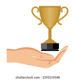 Hands holding the trophy win in the palm. Vector illustration