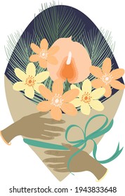Hands holding tropic bouquet with exotic flowers