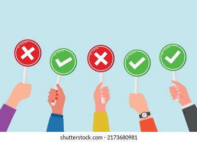 Hands holding true and false symbol. Votes concept. Wrong and right. Approve, reject, agree and disagree feedback illustration