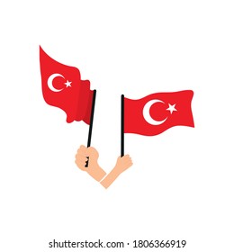 hands holding a turkey flags over white background, flat style, vector illustration
