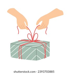 Hands holding a turquoise gift box. Vector illustration on a white background. Concept for gifts, Christmas, New Year, holidays, birthday.