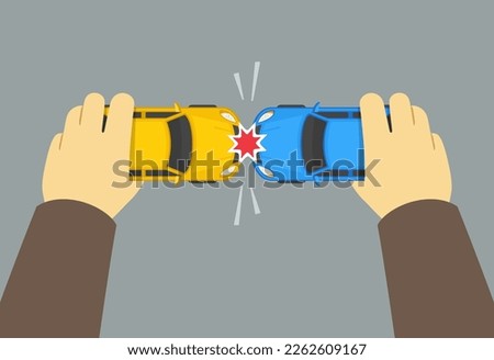 Hands holding two car models simulating an accident. Top view of a toy cars crash. Flat vector illustration template. 