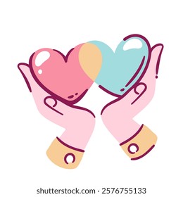 Hands holding two cartoon hearts. Funny romantic blue and pink hearts of couple in palms for gift. Valentines day, romance mascot, cartoon cute arms giving love present symbol vector illustration