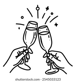 Hands holding two champagne glasses clinking Hand drawn New Years Eve Celebration party graphic illustration isolated on white background color editable 