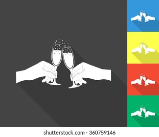 hands holding two champagne glasses icon - gray and colored (blue, yellow, red, green) vector illustration with long shadow