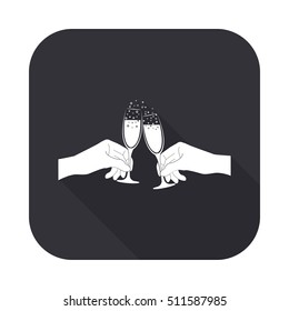 Hands holding two champagne glasses vector icon - squared button  with long shadow
