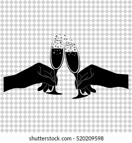 Hands holding two champagne glasses - black  vector icon