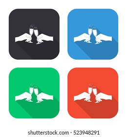 Hands holding two champagne glasses vector icon - colored illustration (gray blue green red)  with long shadow